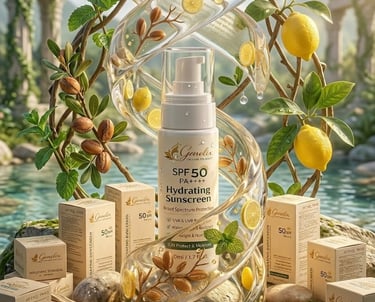 Genelix SPF 50 Hydrating Sunscreen bottle surrounded by fresh lemons and mint in a natural outdoor setting.