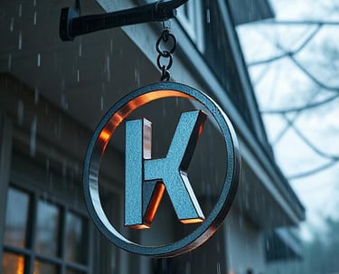 metal and steel cut sign hanging outside of a house