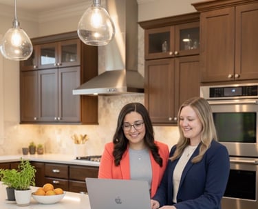 two women standing in front of a laptop computer