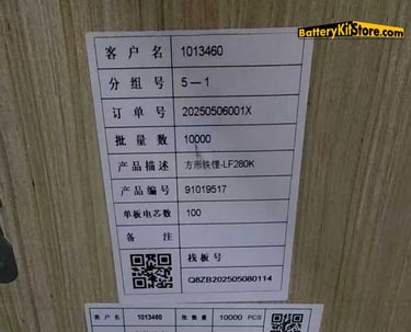 detail of label on the package of EVE LF280K LiFePO4 prismatic battery cells