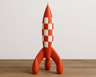 Fusée rouge et blanche inspirée de Tintin, imprimée en 3D, posée sur une surface en bois avec un fond blanc.