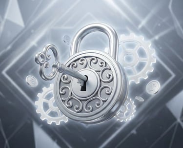 "3D ilustracija srebrnog katanca i ključa sa zupčanicima za Silver escape room paket."