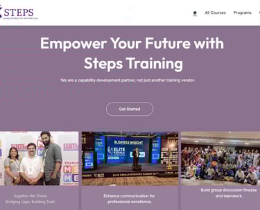 a website page with a picture of a woman in a purple shirt