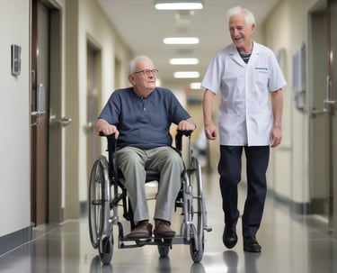A friendly caregiver assisting a senior with a tablet device.