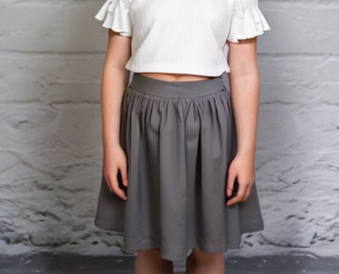 a young girl in a white top and gray skirtmade using PDF sewing patterns from LilRockyWear