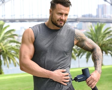 Muscle vibration gun for sore muscle recovery.