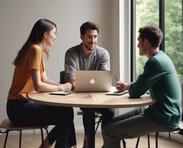 Close-up of a marketing consultant analyzing colorful data charts on a laptop with a backdrop of sunlit mountain peaks.