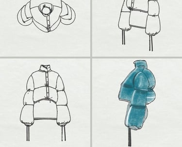 2D design views and render of futuristic puffer jacket by Cavity Studios fashion design team.