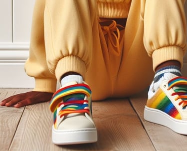 a young girl with a rainbow - yellow joggers made using PDF sewing patterns from LilRockyWear
