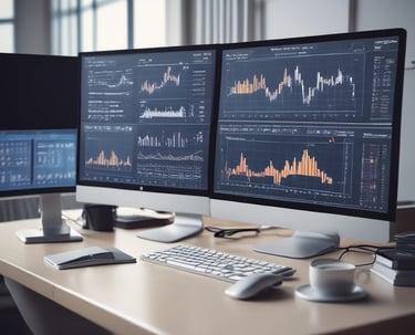 A person is typing on a MacBook Pro, viewing a website titled 'Personalize your portfolio.' The webpage displays three sections related to investing, each with different images and text. The laptop is on a grey table with a dark sofa and indoor plants in the background.