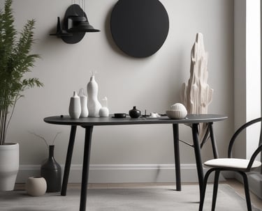 Close-up of a sleek, minimalist 3D printed object in black and white tones on a clean surface.