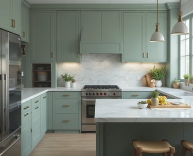 cocina moderna en verde salvia con diseño elegante y equilibrado