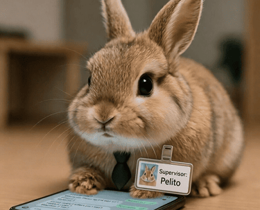 Un adorable conejito marrón, que parece ser un supervisor, lleva corbata y una tarjeta de identifica