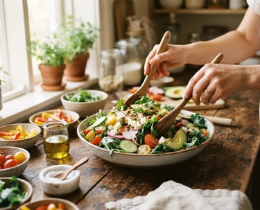 A warm editorial photo of fresh ingredients on a wooden table, soft natural window light, hands preparing a colorful salad, 35mm