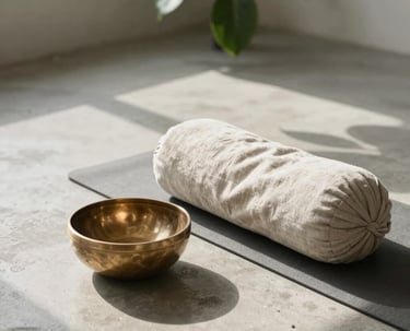 A high-end professional photograph of a calm, premium yoga studio setting. Soft morning shadows dance on light textured concrete floors, displaying a natural linen yoga bolster and a warm brass singing bowl. Sage green leaves from an indoor plant subtly drape over the corner of the frame. Global / South Asian context.