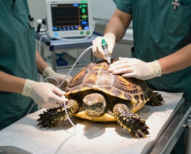 Veterinarian examining a colorful exotic bird in a bright clinic room.