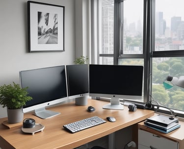 Modern home office setup with triple monitors on a wooden desk near a city view window.