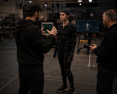 An actress wearing a motion capture suit with markers works with a director in a VFX studio.