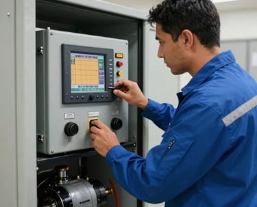 An Argentine technician in neat professional blue uniform conducting preventive maintenance on a modern generator control panel in a South American utility room. Bright daylighting, crisp focus on digital display screen with slate gray and amber tones.