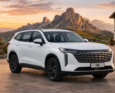 Haval H6 2026 branco em cenário de montanha ao pôr do sol mostrando design do SUV híbrido