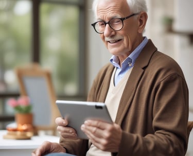 An elderly person is holding a tablet, viewing images on the screen. Next to the tablet, there is a potted plant and some papers on the table, creating a cozy and casual atmosphere.