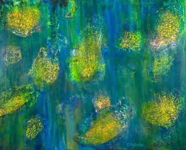 Abstract acrylic painting of islands half-engulfed by the sea