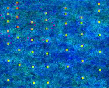 Acrylic and collage abstract painting of rain falling on a river