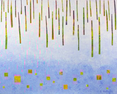 Abstract acrylic and paper collage painting of a forest and a river with floating forms