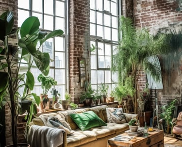  un salon avec un canapé et de la végétation