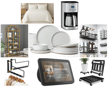 a collage of different items in a room