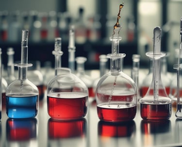 Series of glass bottles indicating chemical synthesis