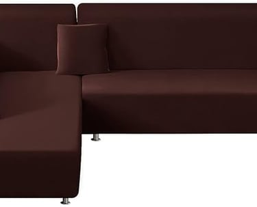 Modern brown L-shaped sectional sofa with matching throw pillows and silver legs on a white background.