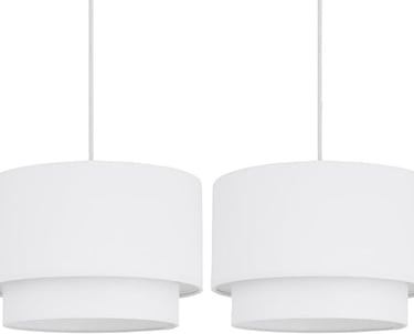 Set of two modern white tiered fabric drum pendant lights for minimalist interior design.