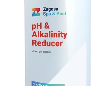 A 1.5kg bottle of Zagosa Spa and Pool pH and Alkalinity Reducer granules for lowering water pH balance.