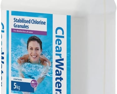 A 5kg container of ClearWater Stabilised Chlorine Granules for swimming pool and hot tub water disinfection.