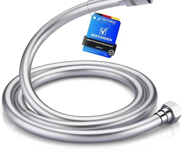 Flexible silver PVC smooth shower hose with chrome-plated brass connectors for bathroom replacement.