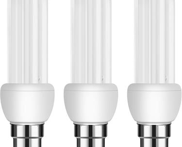 Three energy-efficient CFL light bulbs with B22 bayonet cap bases on a white background.