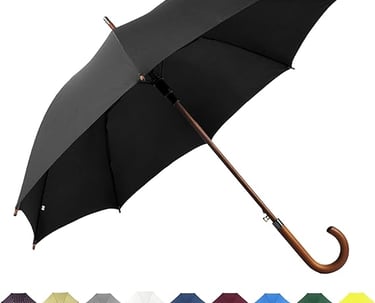 a black umbrella with a wooden handle and a wooden handle
