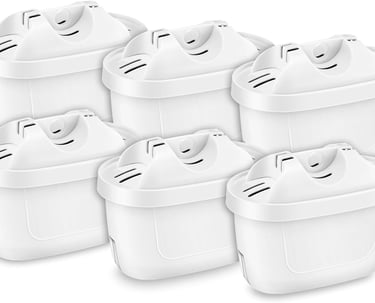 Six white replacement water filters for pitchers on a white background.