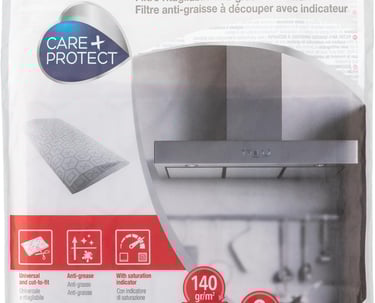 Care + Protect universal anti-grease cut-to-fit cooker hood filter with saturation indicator.