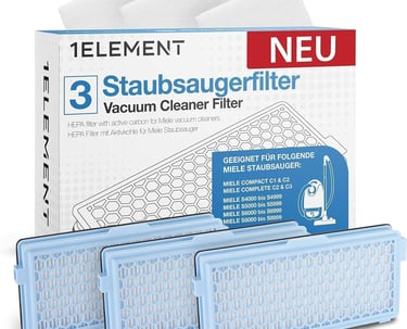 Three HEPA vacuum cleaner filters with active carbon for Miele Complete C2 and C3 series vacuum models.