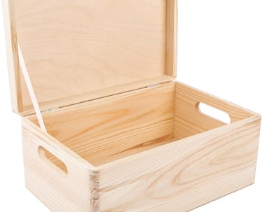 Open unfinished pine wood storage box with lid and handles for organization and crafts.