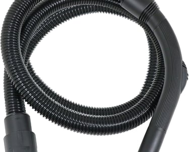Coiled black flexible vacuum cleaner hose replacement with connector ends on a white background.