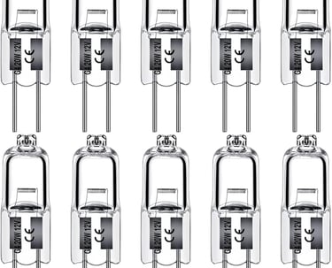 Ten-pack of G4 20W 12V clear halogen light bulbs with 2-pin base for landscape and accent lighting.