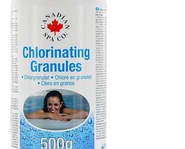 Canadian Spa Co. Chlorinating Granules 500g bottle for hot tub and pool water sanitation.