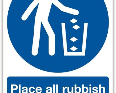 a sign that says, place a trash can be thrown into a bin