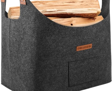 a large gray bag with a wood burning log