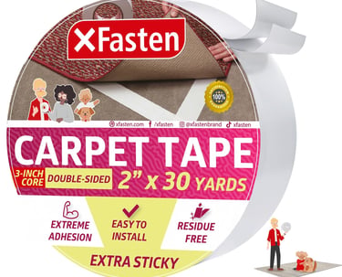 Roll of white XFasten double-sided carpet tape for area rugs and mats on hardwood floors.