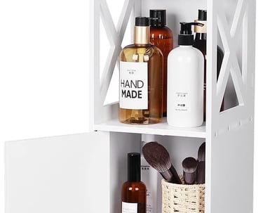 a white cabinet with a shelf with a basket on top