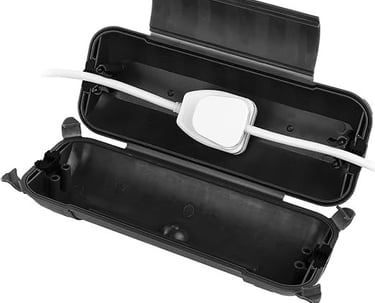 a black and white box with a white cable and a white cable